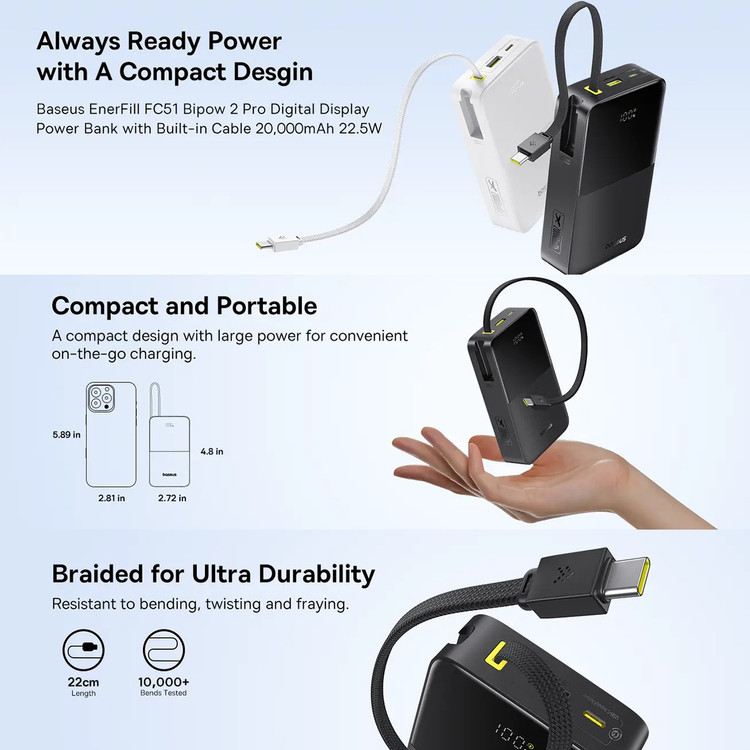 پاوربانک Baseus مدل EnerFill FC51 ظرفیت ۲۰۰۰۰ میلیآمپر ساعت با توان ۲۲.۵ وات و کابل Type-C متصل