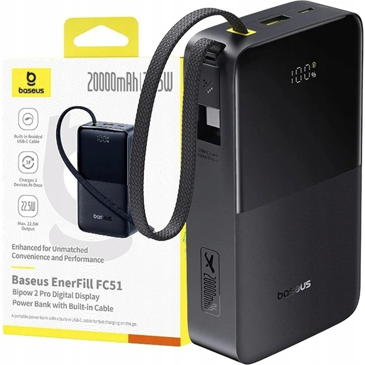 پاوربانک Baseus مدل EnerFill FC51 ظرفیت ۲۰۰۰۰ میلیآمپر ساعت با توان ۲۲.۵ وات و کابل Type-C متصل