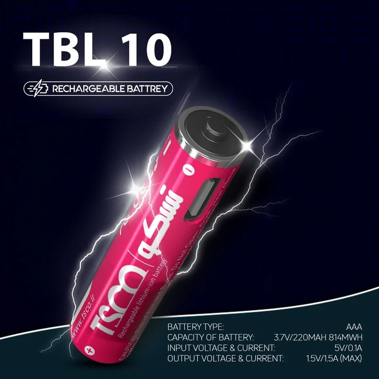 باتری نیم قلمی شارژی TSCO Type-C AAA مدل TBL 10 - بسته 2 عددی