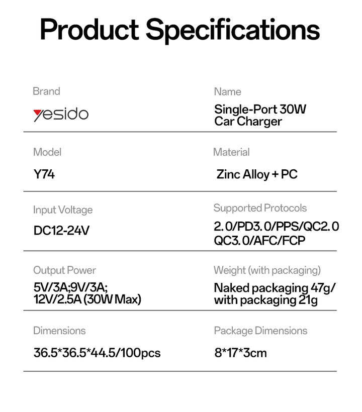 شارژر فندکی PD و فست تک پورت Yesido مدل Y74 30W