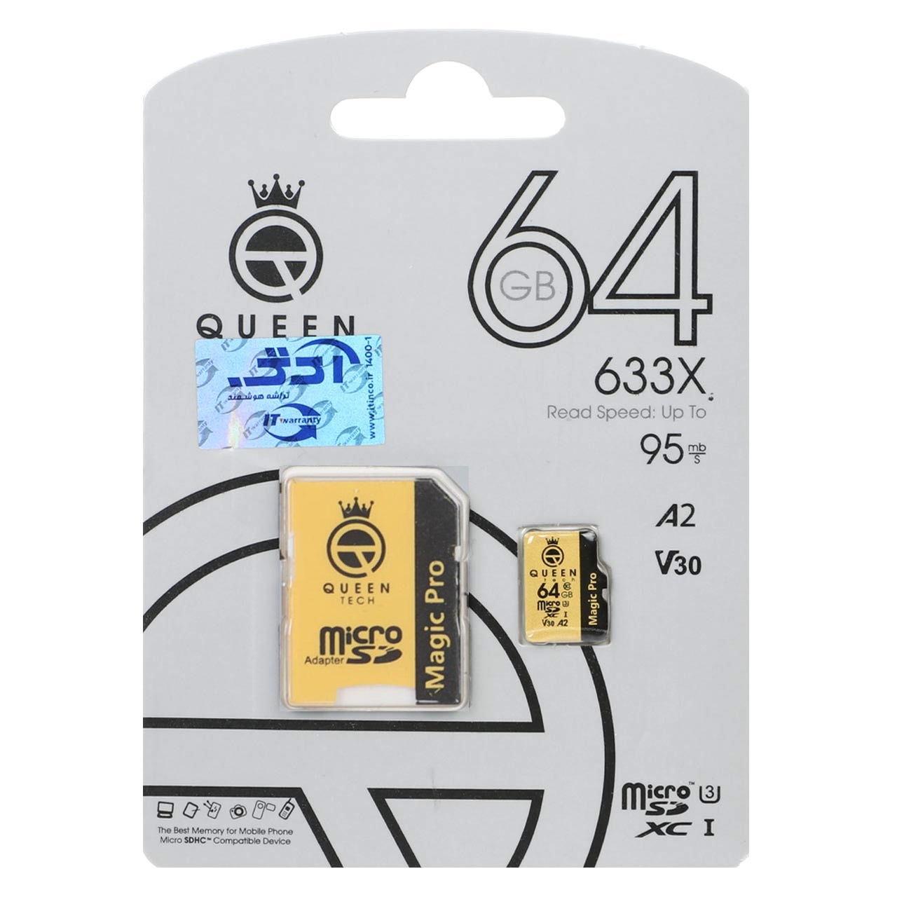 کارت حافظه Micro SD XC کوئین تک مدل A2-V30-633X کلاس 10 استاندارد UHS-l U3 سرعت 95MBps ظرفیت 64 گیگابایت به همراه آداپتور SD