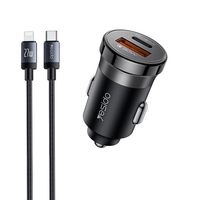 شارژر فندکی سوپر فست و PD دو پورت Yesido مدل Y73 30W به همراه کابل شارژ Type-C To Lightning