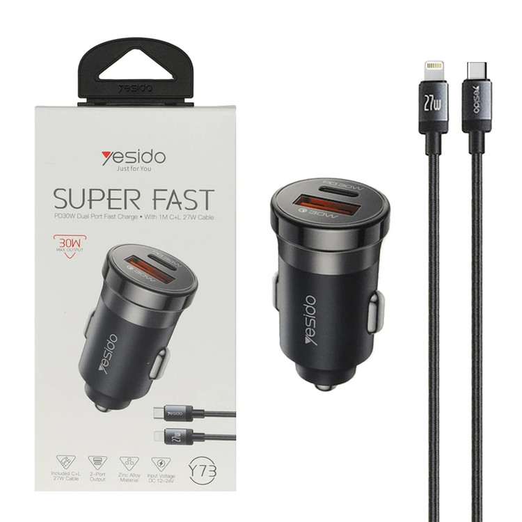 شارژر فندکی سوپر فست و PD دو پورت Yesido مدل Y73 30W به همراه کابل شارژ Type-C To Lightning